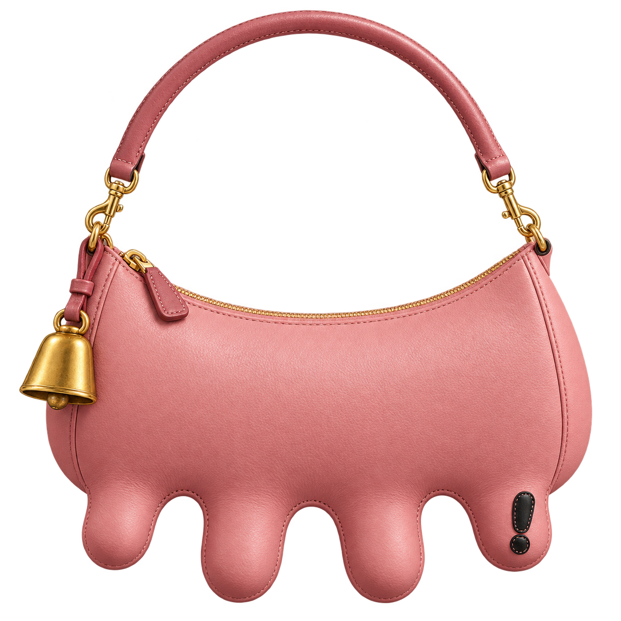 Udder Pink leather bag with gold hardware, a hanging gold bell and a black exclamation-mark detail.