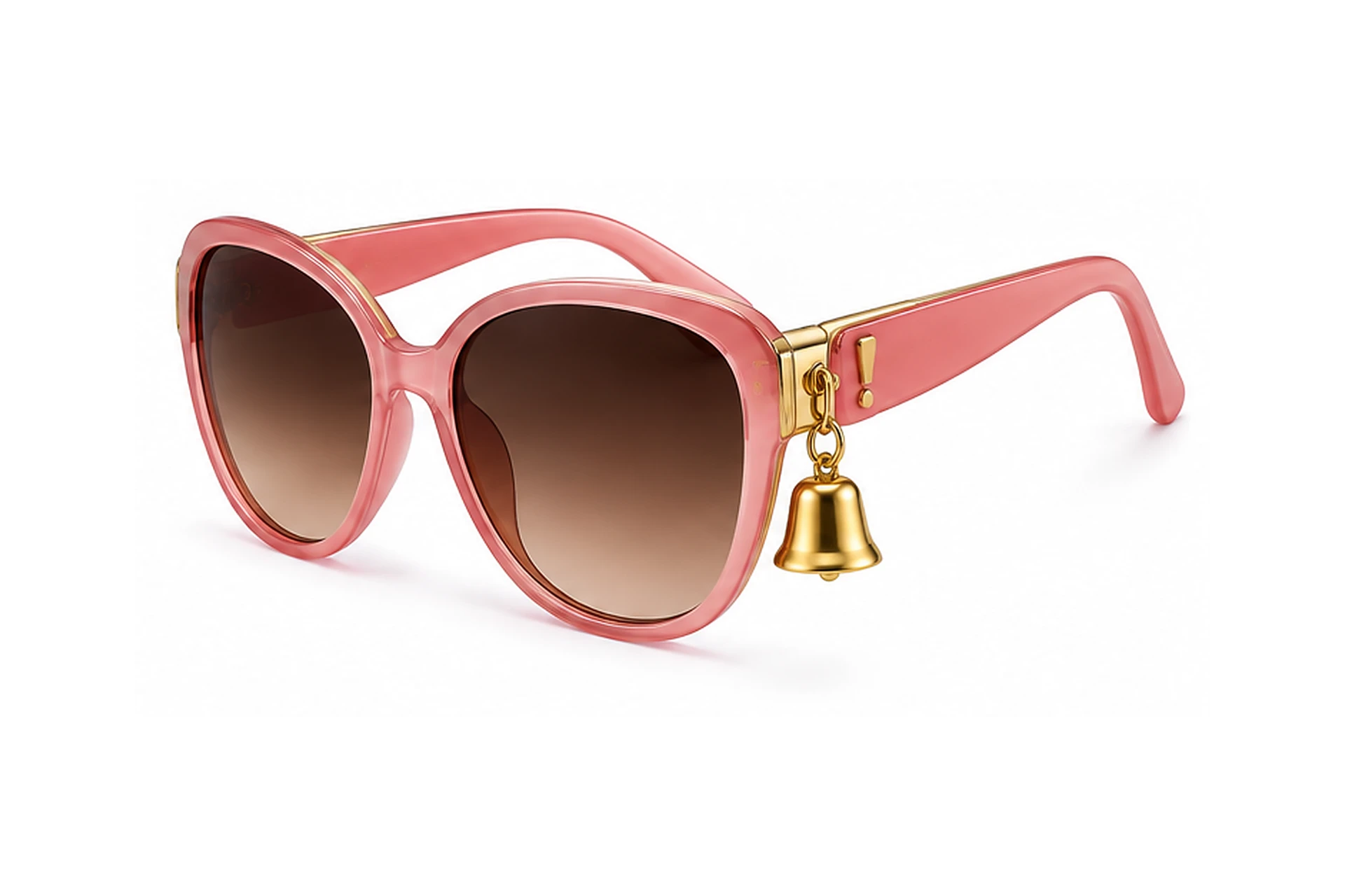 Pink cat-eye sunglasses with gradient lenses, gold accents and a hanging gold bell charm.