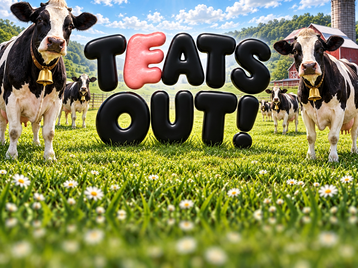 Holstein cows in a sunlit pasture beside a red barn, with the glossy TEATS OUT! wordmark in the foreground.